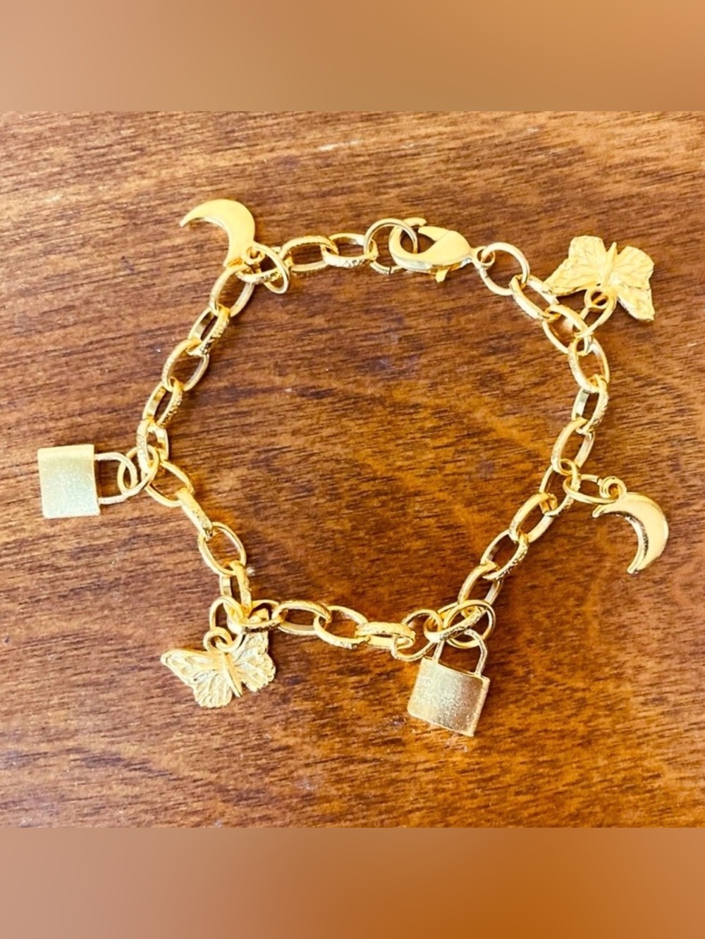 Gold-Tone Charm Bracelet with Butterfly & Padlock - Women Jewelry